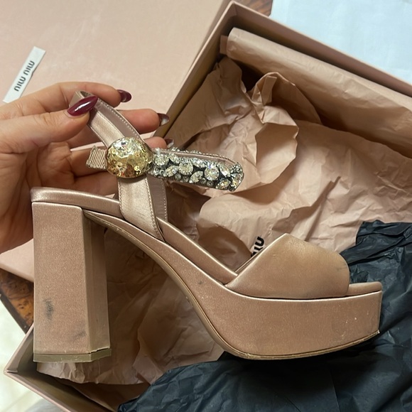 MIU MIU SATIN CRYSTAL EMBELLISHED BLOCK HEEL - Picture 2 of 4